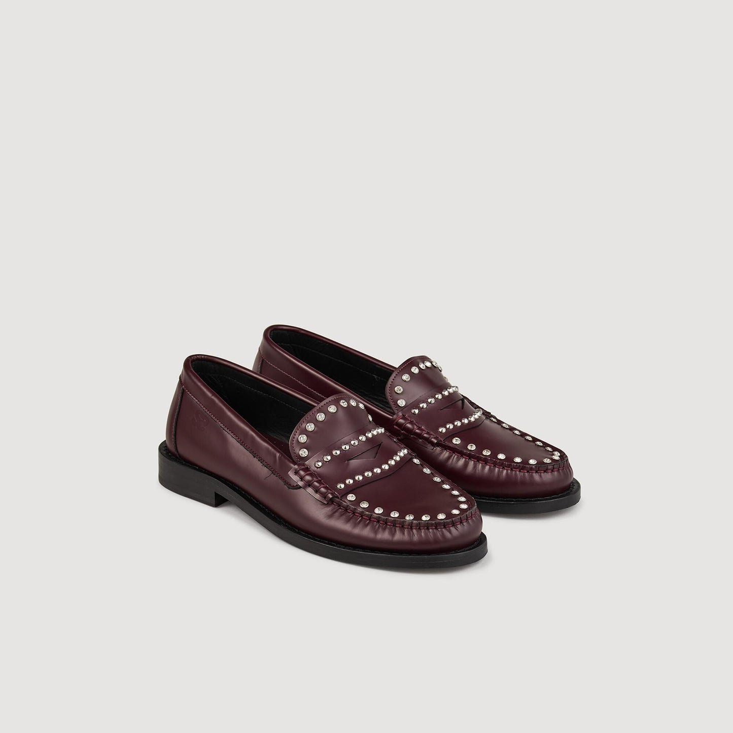 Rhinestone Studded Leather Loafers Bordeaux