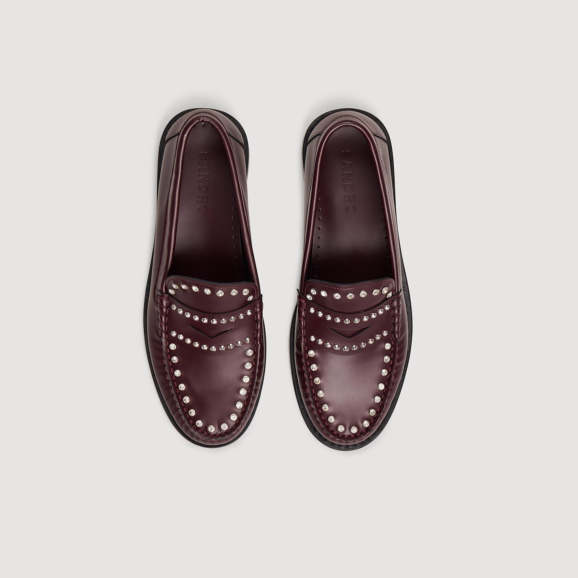 Rhinestone Studded Leather Loafers Bordeaux