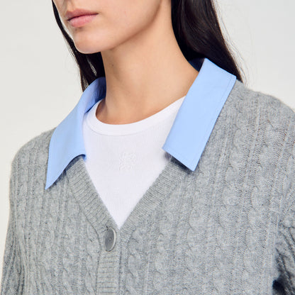 Cardigan With Removable Shirt Collar Grey