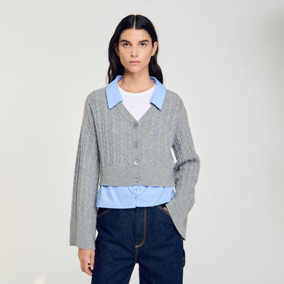 Cardigan With Removable Shirt Collar Grey