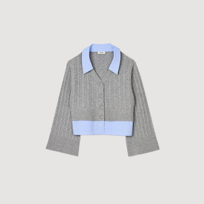 Cardigan With Removable Shirt Collar Grey