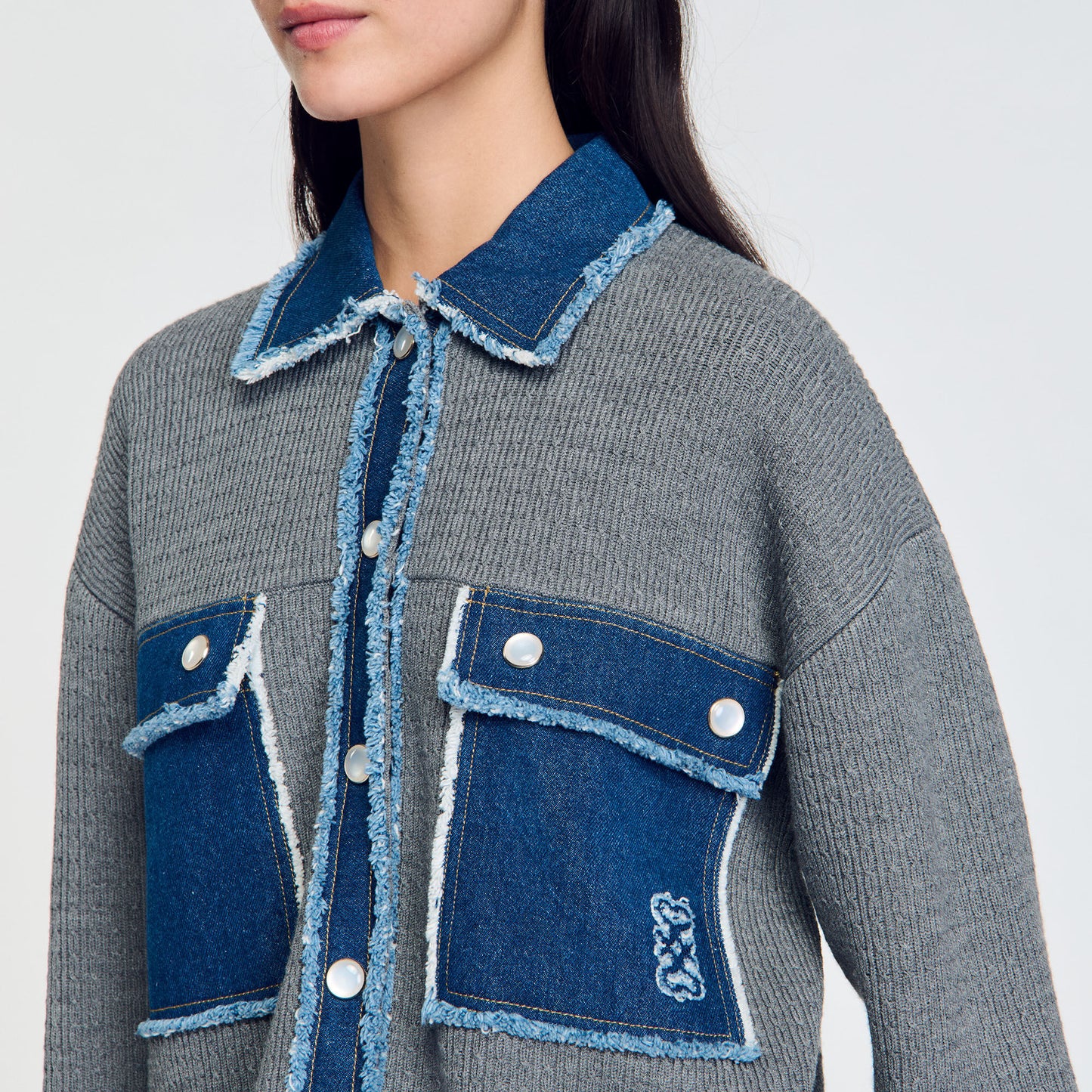 Denim And Knitwear Coatigan Grey