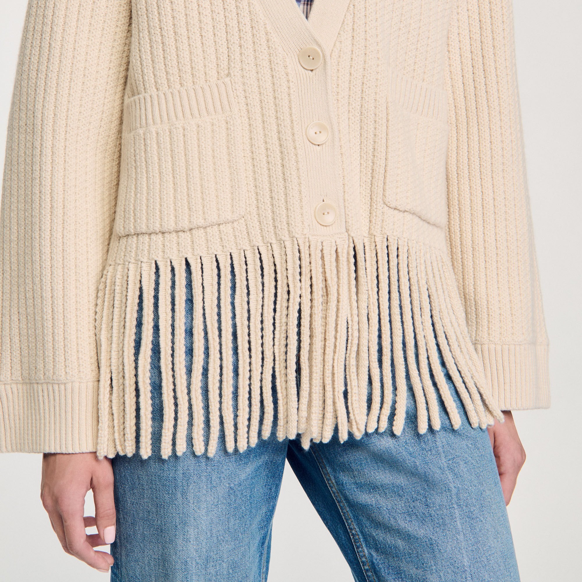 Fringed Knit Cardigan Ecru