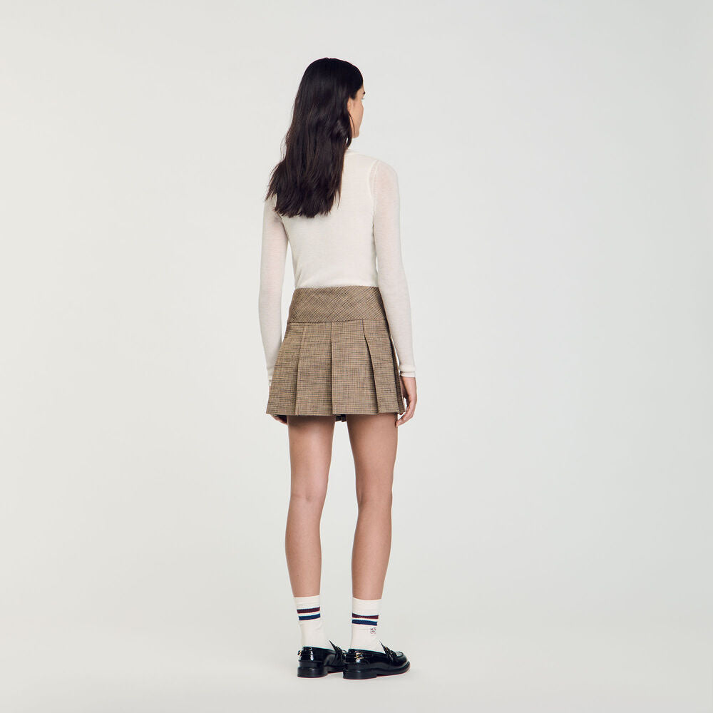 Pleated Micro Houndstooth Skirt Brown