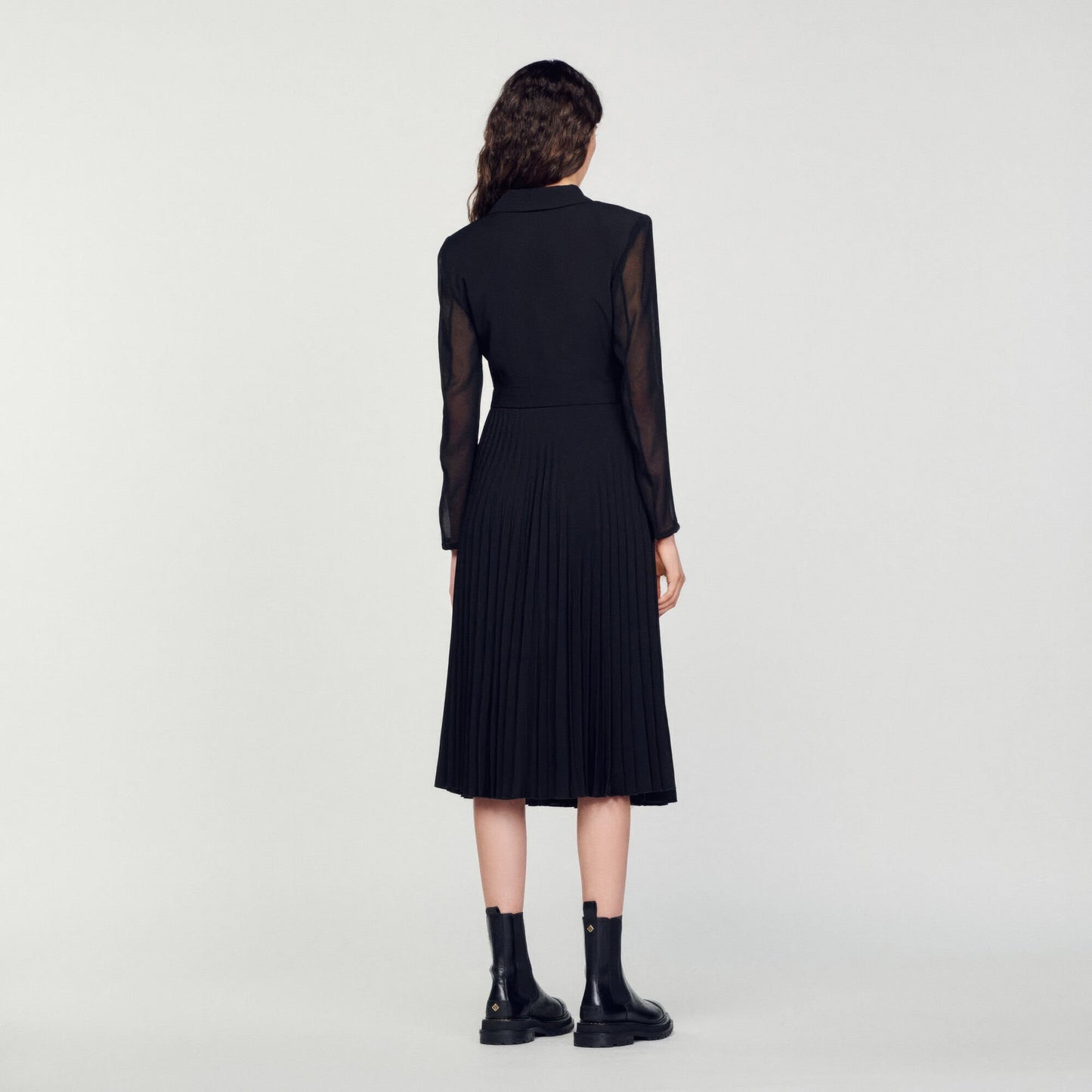 Dual-Material Long-Sleeved Dress Black