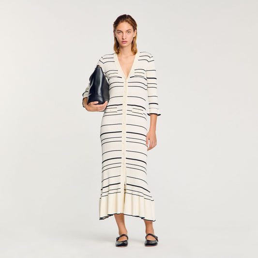 Stripy Knit Maxi Dress Ecru