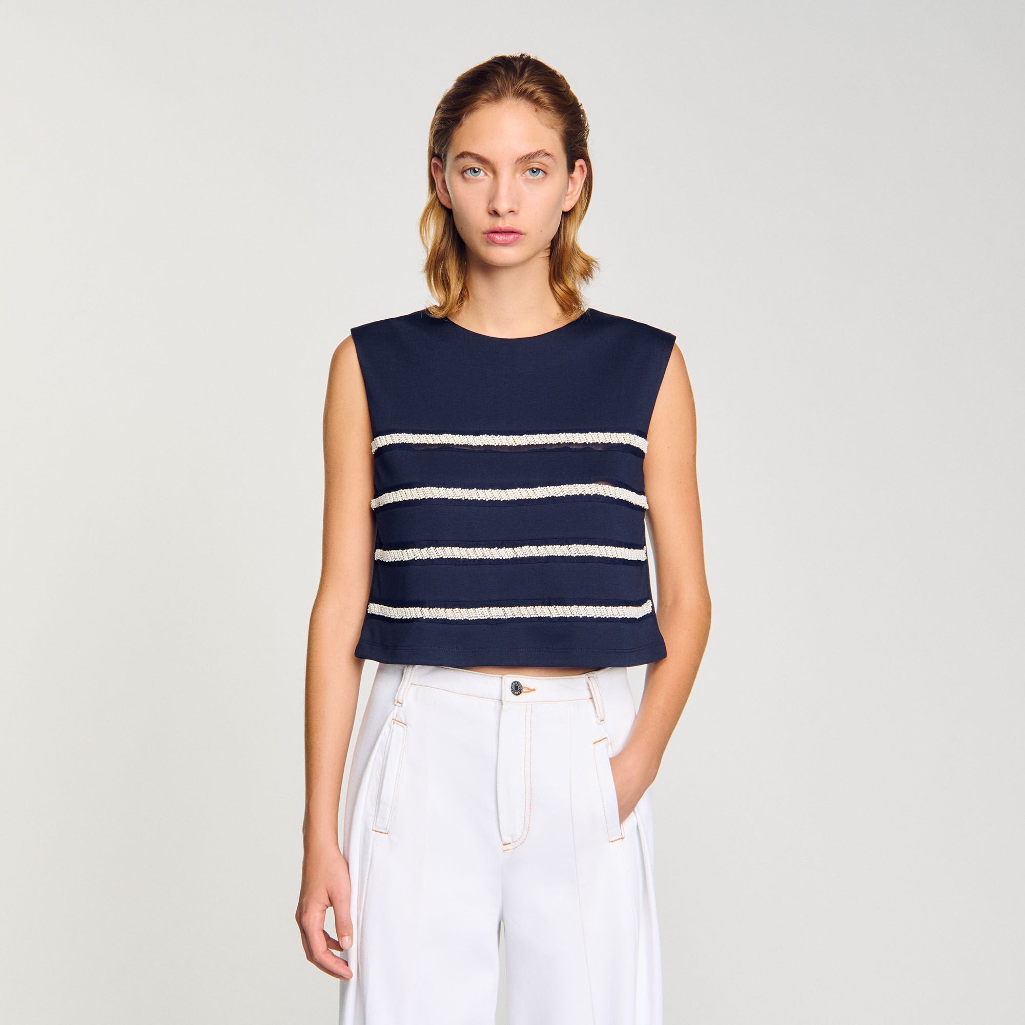 Sleeveless Striped T-Shirt Navy Blue