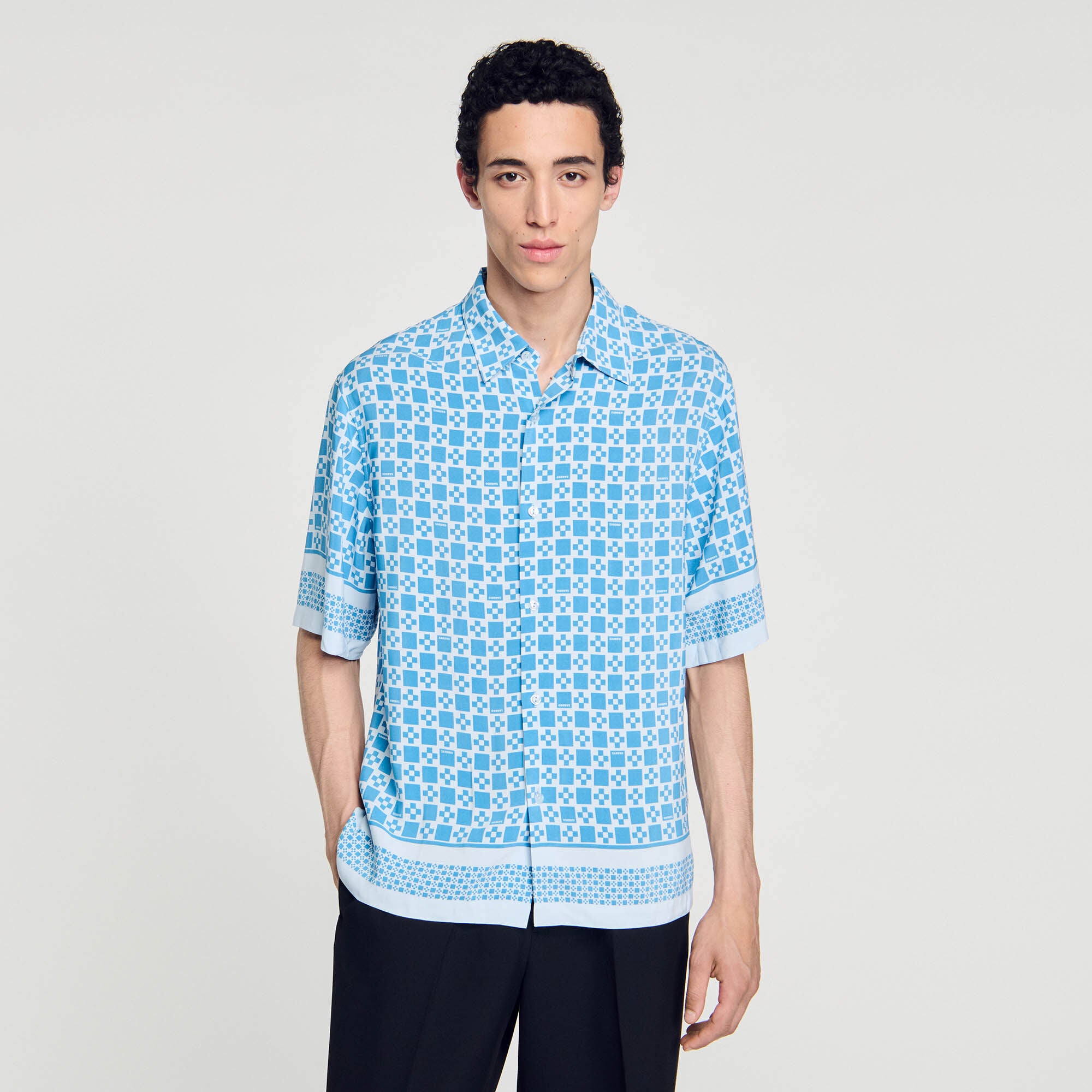 Square Cross Motif Flowing Shirt Sky Blue