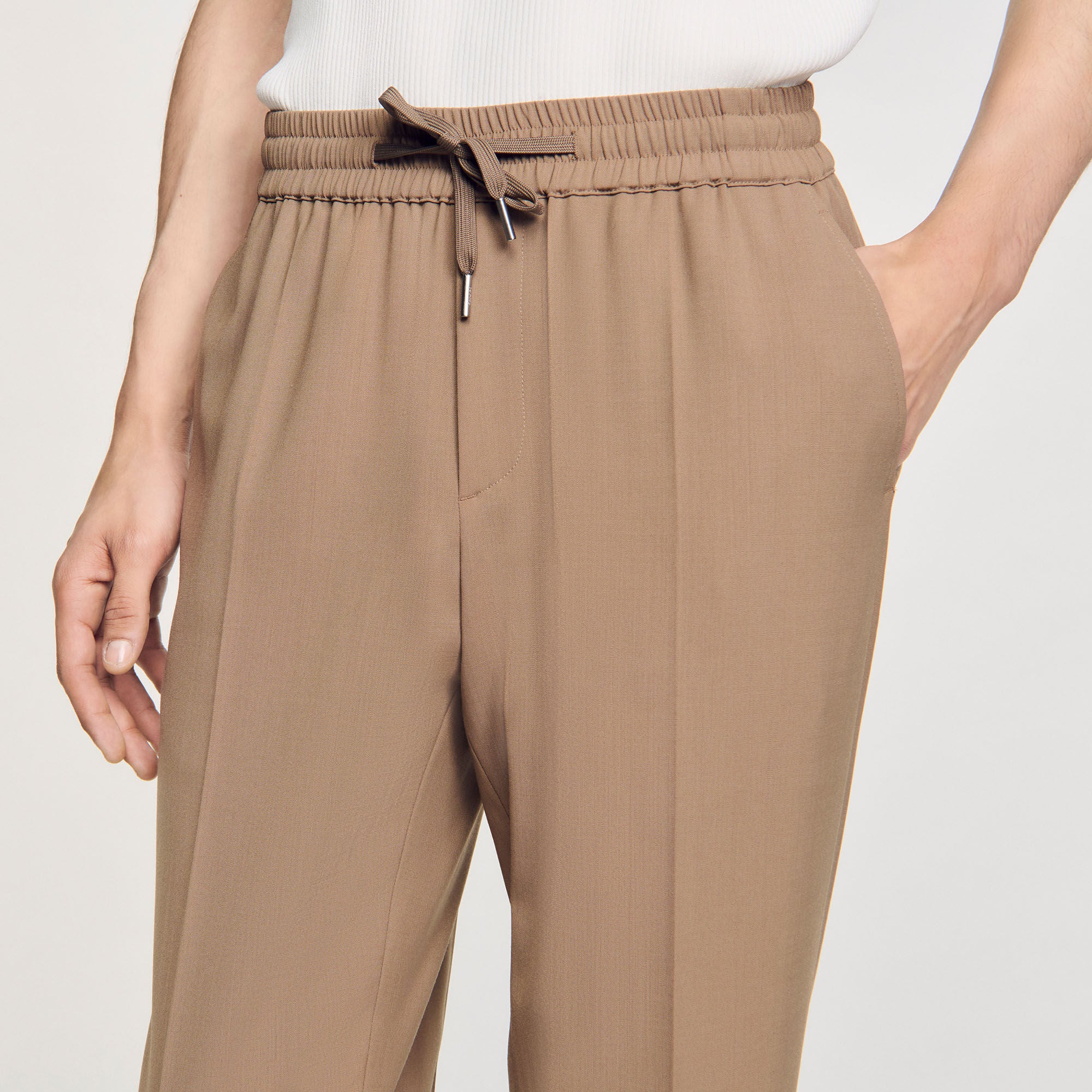 Elasticated Straight-Leg Trousers Dark Sand